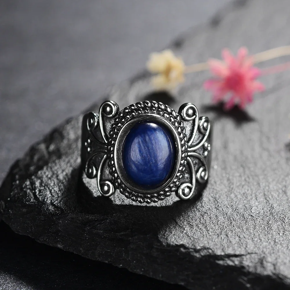 

Nasiya Antique Silver Rings Oval Dark Blue Natural Kyanite Rings For Women Silver Jewelry For Party Wedding Birthday Gift