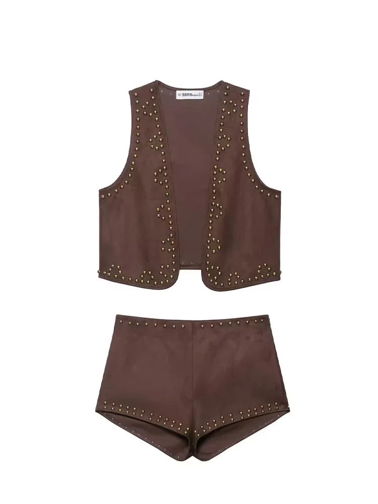 

HH женский модный ретро обратный бархатный эффект с заклепками жилет без рукавов + High Street трапециевидной формы с боковой молнией повседневный шорты костюм