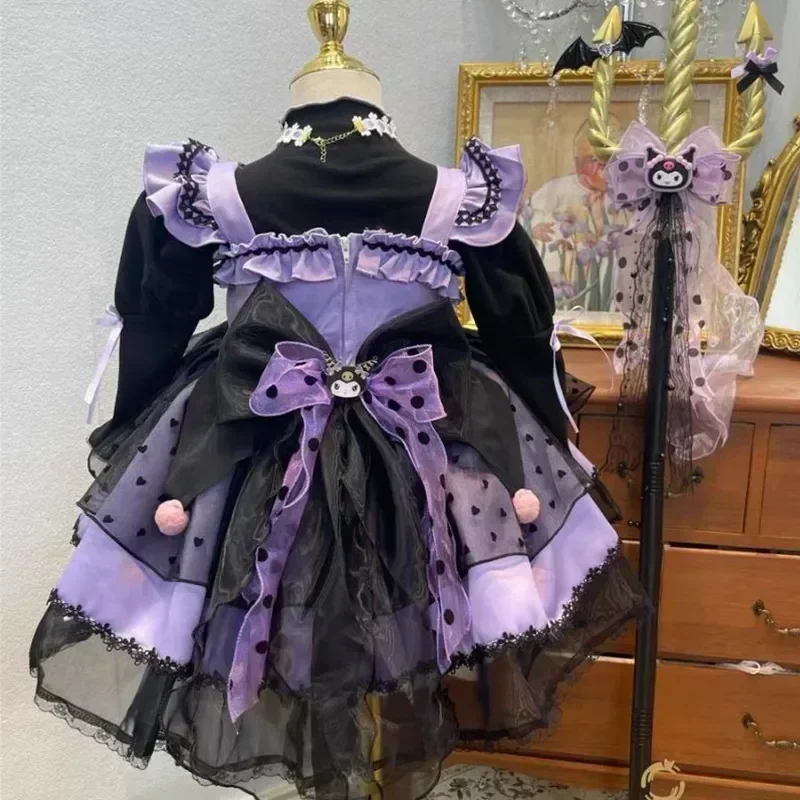 Sanrioed Kuromi Girl Cute Cartoon Lolita Dress Spring and Autumn Birthday Party Role Play Tutu Dress Child Dress Halloween Gift