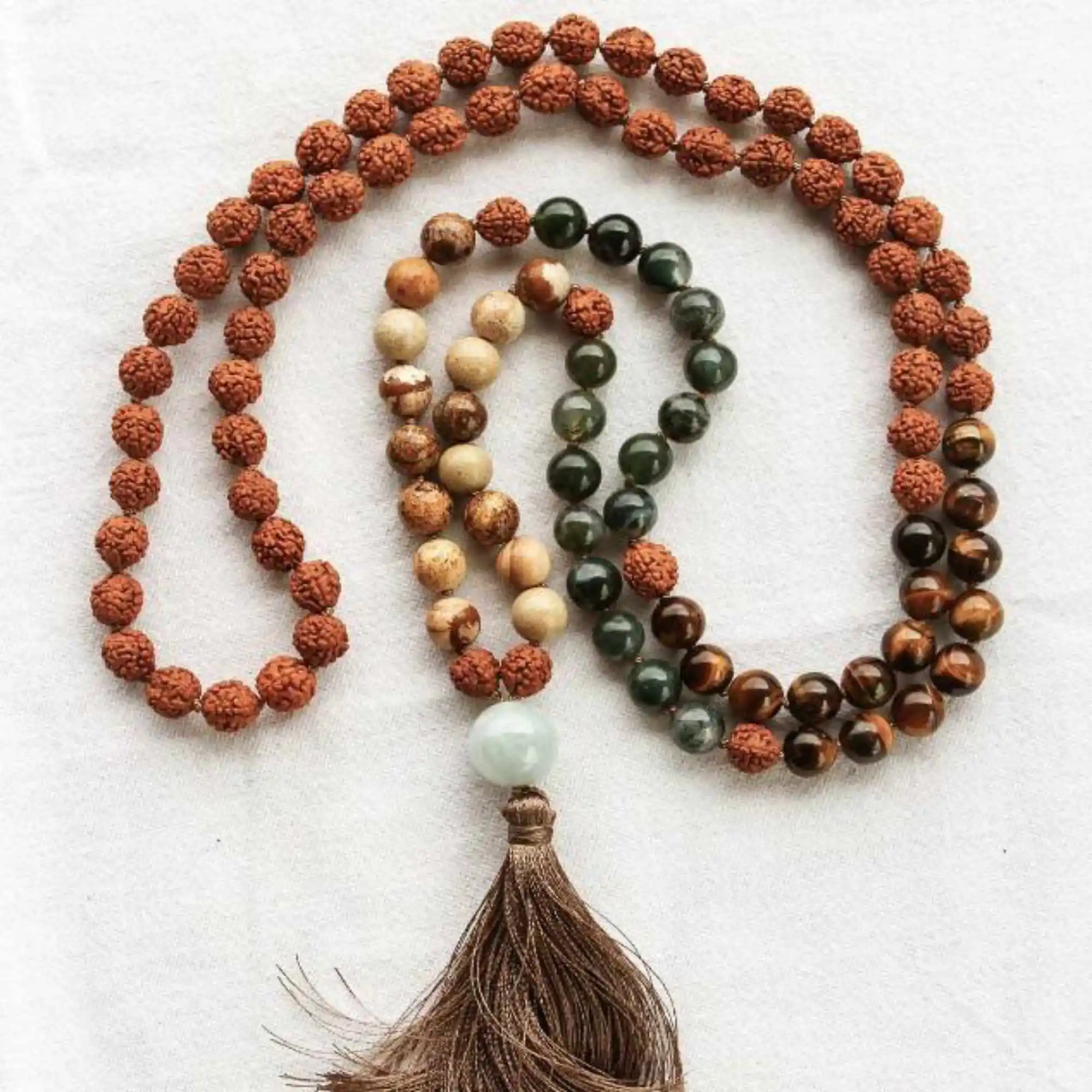 8mm brown Rudraksha Tiger's Eye Moss Agate Jasper 108 knot Necklace Bless Diy Gift Energy Stress Seven Chakras Pray Mala Yoga view 3