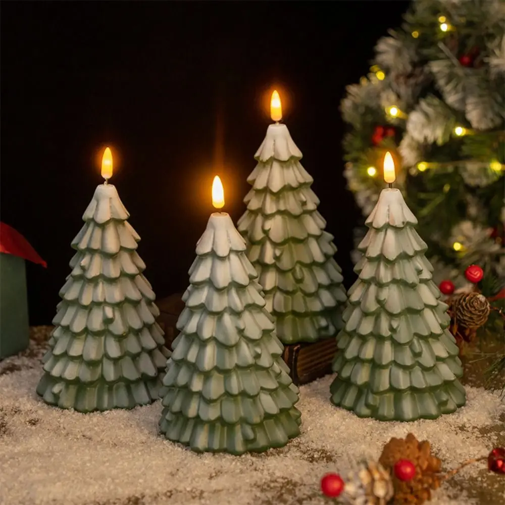 

PVC LED Candles Green Battery Powered Christmas Tree Night Light 3D Flame Effect Christmas Tree Shaped Flameless Pillar Candles