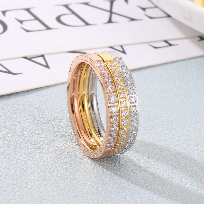 French Crystal Rhinestone Rings for Women Girl Gold Silver Rose-gold Color Stainless Steel Ring Luxury Jewelry Party Wedding