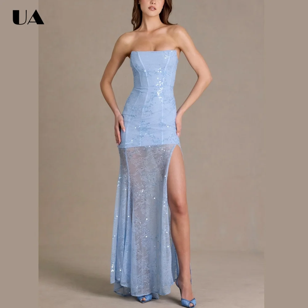 ULBYANRY Glamarous Lace Sequin Slim Fit Evening Dress, Sparkly Strapless Lace-up Prom Dress, Customized Sleeveless Party Dress