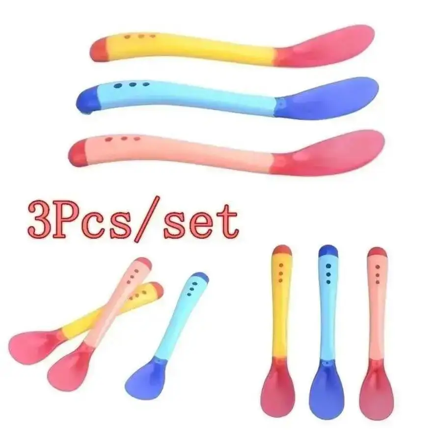 3 unids/set Color aleatorio seguridad detección de temperatura cuchara de silicona para bebés cubiertos para niños cuchara de alimentación cuchara de sopa para el hogar