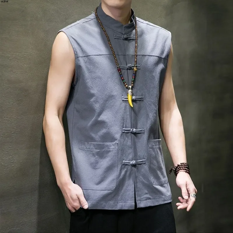 Men's Chinese Style Sleeveless Vest Mandarin Collar Frog Button Linen Blend Loose Casual Waistcoat