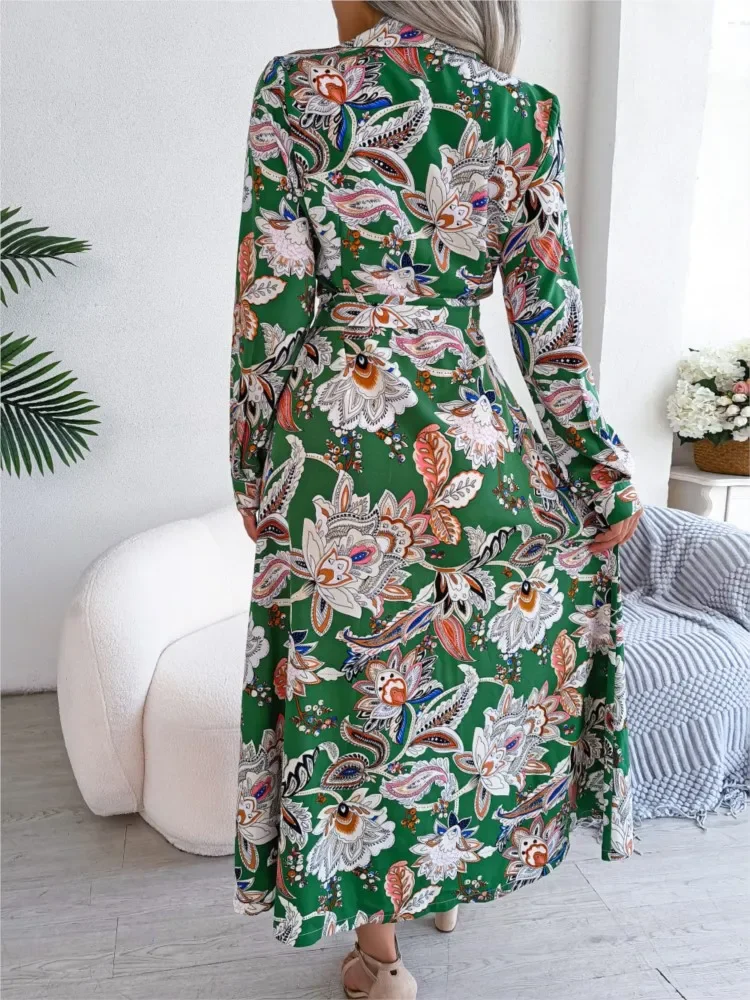 Primavera verão feminino nova moda retro impresso flor colarinho cinta botão camisa saia casual confortável saia longa