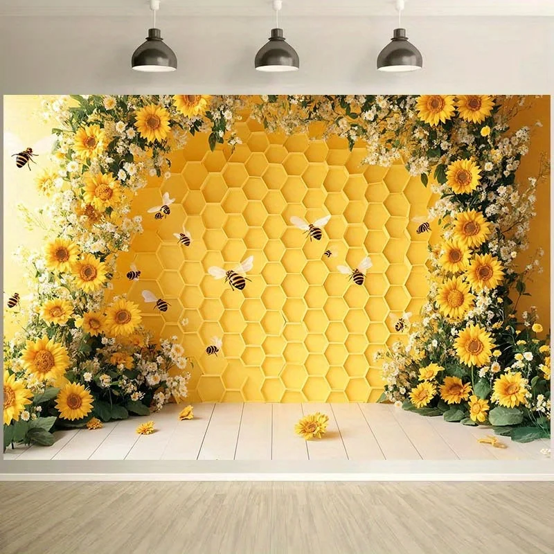 2D, 1 Stück Fotohintergrundtuch mit Sonnenblume und Bienenstock – der Bienenstock wird mit blühenden Sonnenblumen kombiniert – Detail 2