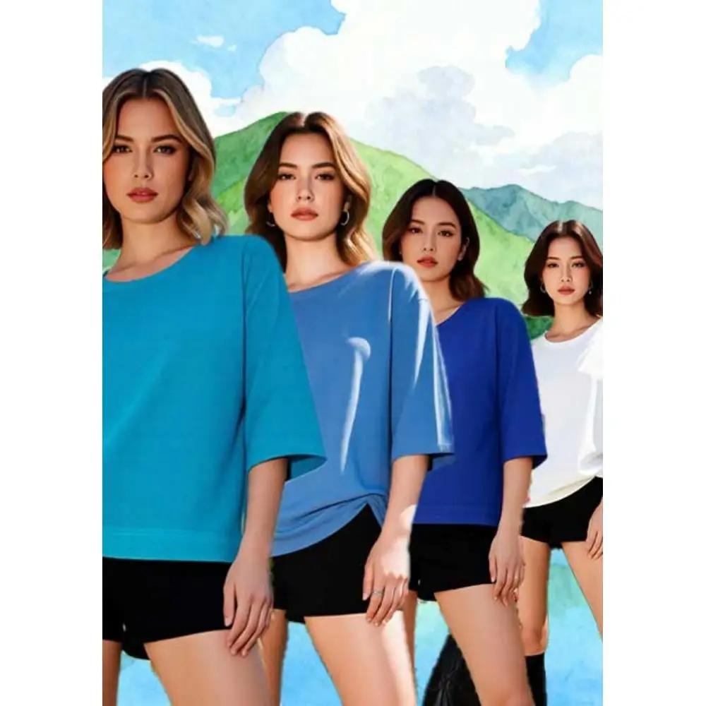 

Four piece women's comfortable soft cotton T-shirt set with three sleeve design, available in nine eye-catching colors.