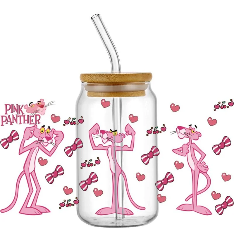 Miniso Pink Naughty Panther pattern For The 16oz Libbey Glasses Wraps Cup Can DIY Waterproof Easy To Use Custom Decals