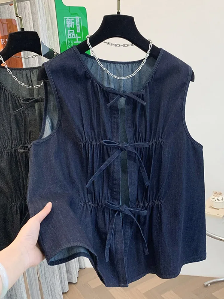 

Retro Personali Design Belted Denim Vest Women's Spring Summer Layered Casual oulder Top Slimming Age-Defng Svel Top