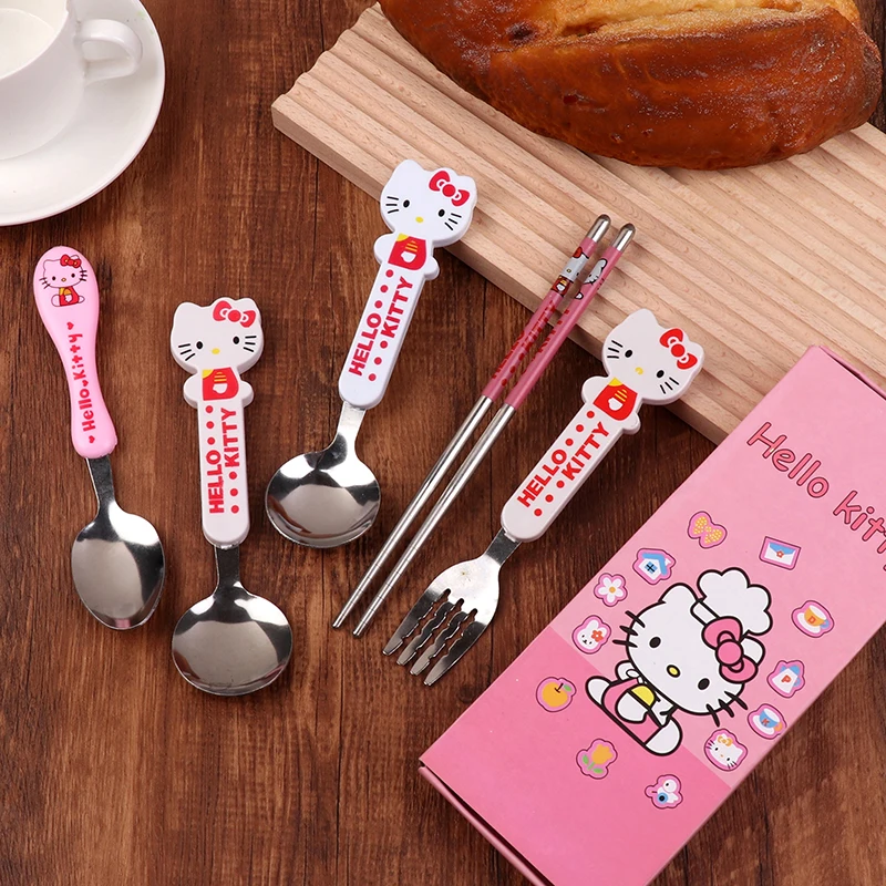 Kawaii Hello Kitty Chopsticks Spoon Fork Sanrio KT Cat Stainless Steel Tableware Set Portable Dinnerware Anime Flatware