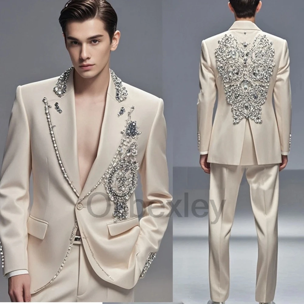 Olibexley Shiny Rhinestone Bead Men Suits Slim Peak Lapel Groom Wedding Tuxedos 2 Pieces Sets Male Prom Blazers Customized S448