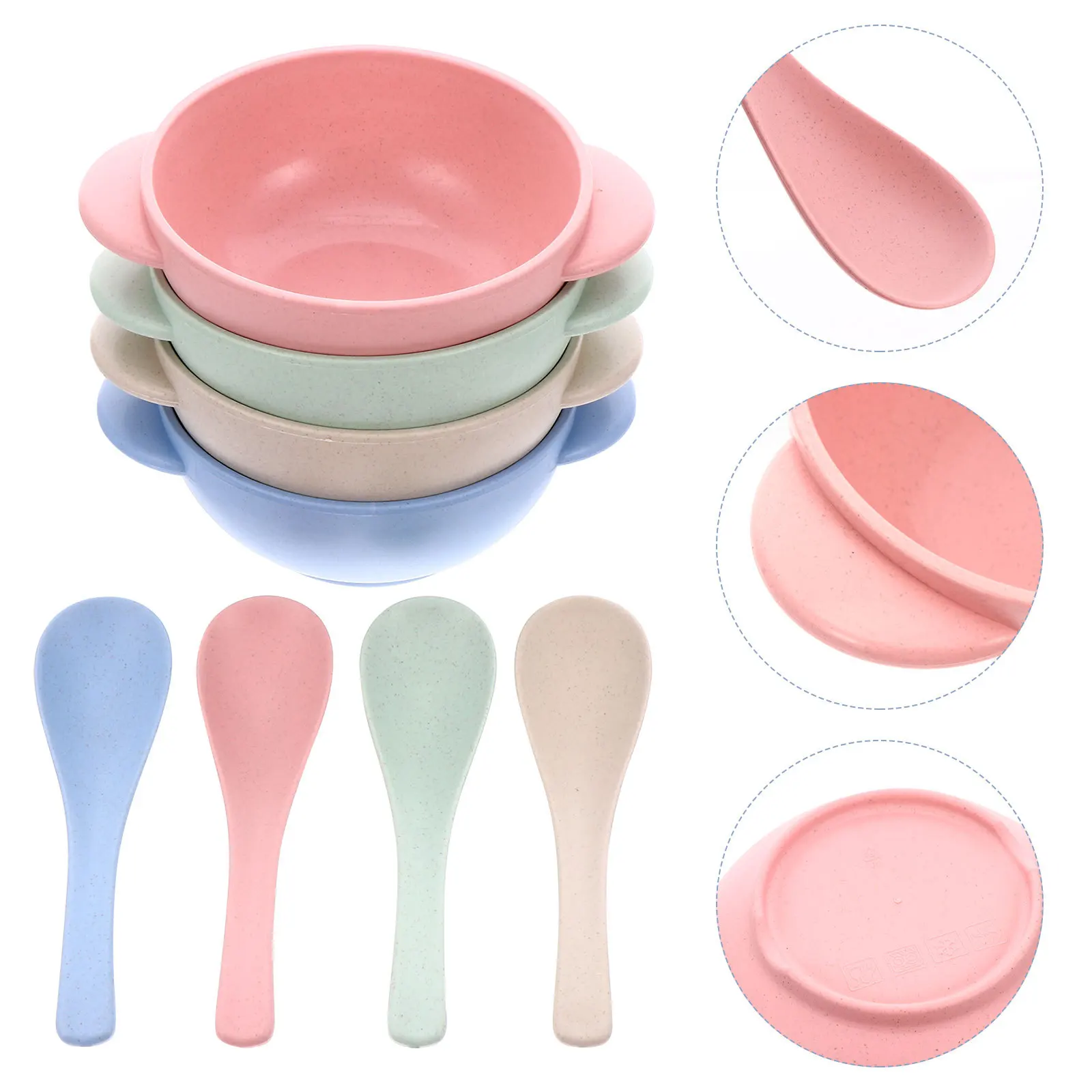 4 مجموعات من أدوات المائدة المتينة للأطفال الصغار، وعاء تغذية الطفل خفيف الوزن مع ملعقة مقاومة للكسر، وعاء بلاستيكي للأطفال