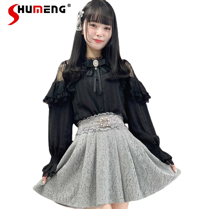 

Customized Japanese Rojita Mini Skirt For Women's clothing Lace-up Big Bow Autumn And Winter New Solid Color Sweet Pleated Skirt