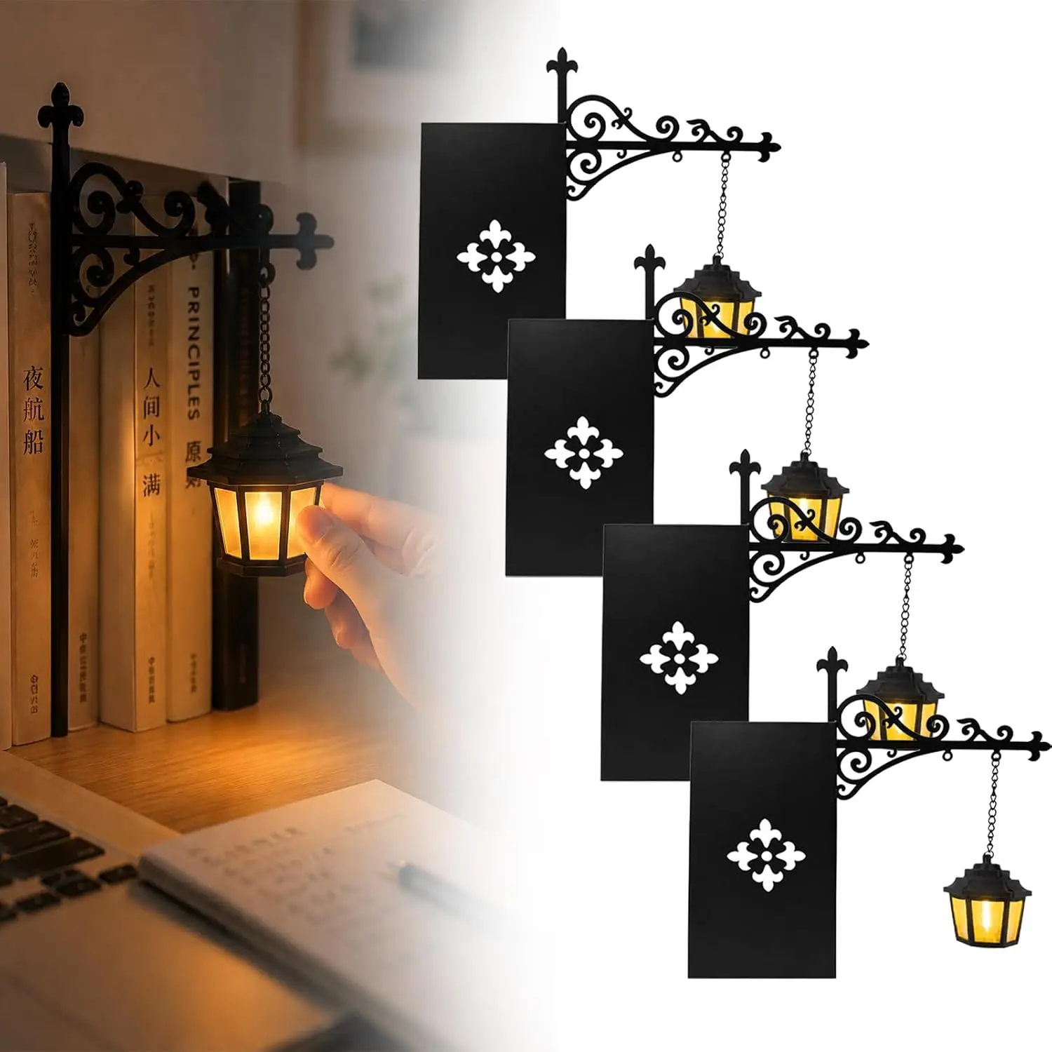 Ghost Library Lantern Mini Bookshelf Lamp Decorative Bookshelf Lighting Bookcase Insert Decor Light with Hanging Lantern