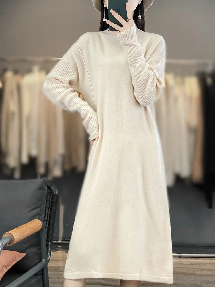 Women's High-Necked Cashmere Dress, Long Sweater Skirt, Drop rotator Cuff, Slim, Pure Wool Bottoming, Fall, Winter