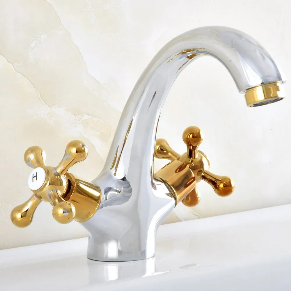 Golden Silver Brass Double Handle Bathroom Sink Faucet Vanity Hot Cold Mixer Water Tap Dnf480