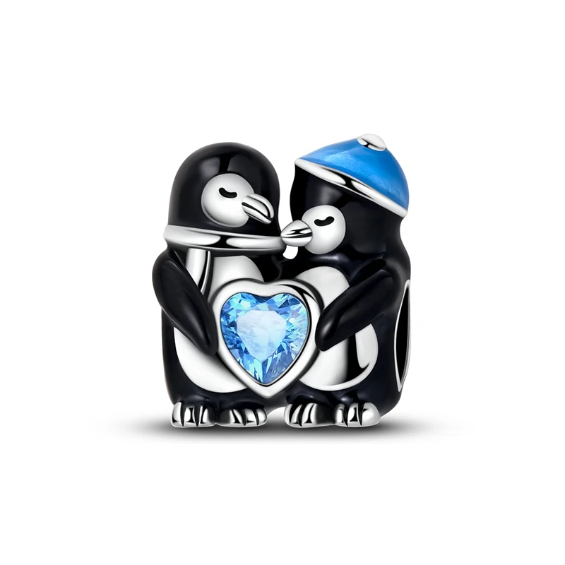

925 Sterling Silver Penguin Heart Holding Charms Bead CZ Greed Zirconium Dangle Fit Original Bracelet DIY Women Jewelry Gift
