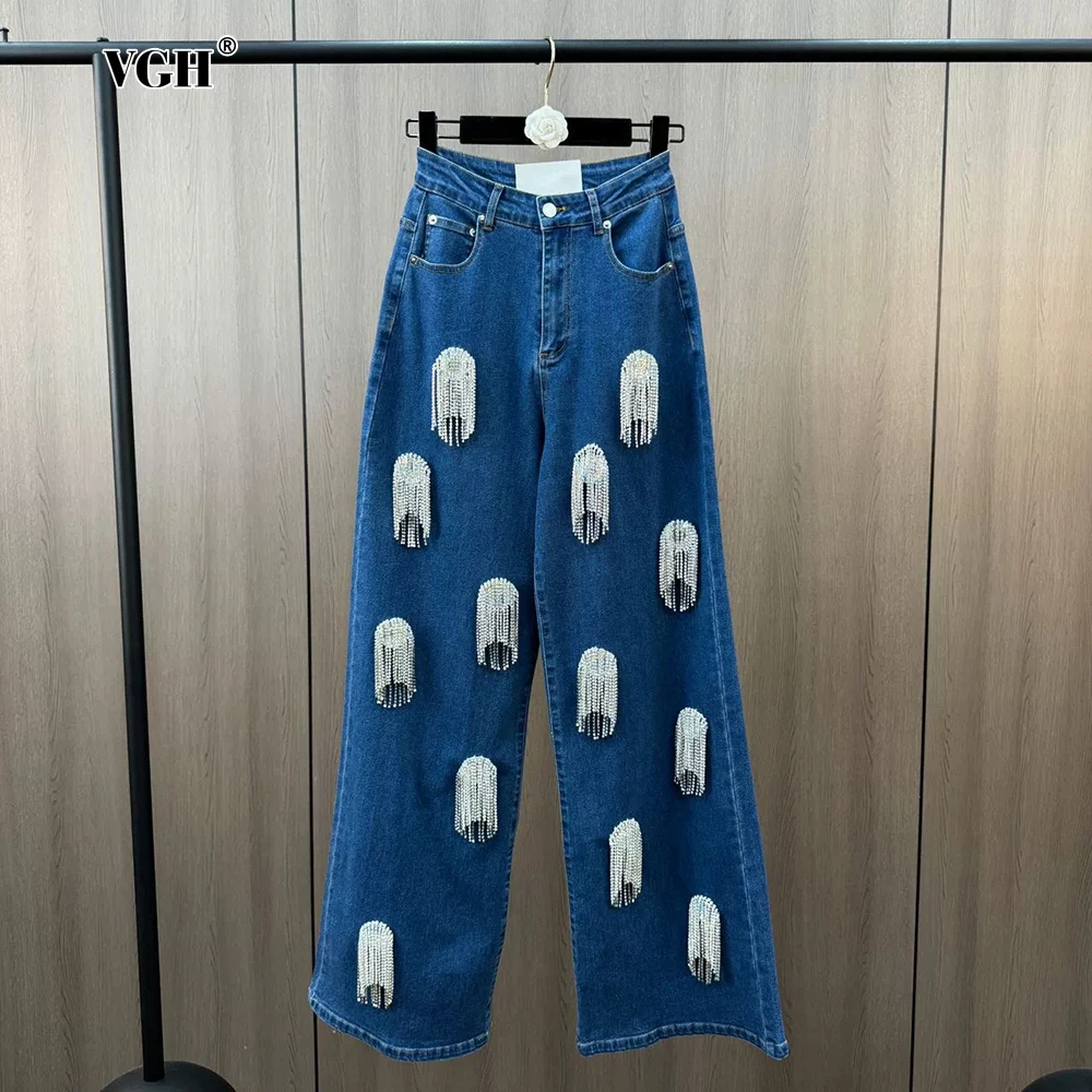 VGH Vintage Solid Patchwork Tassel Chic Denim Pants For Women High Waist Spliced Button Wide Leg Straight Pants Female Fashion