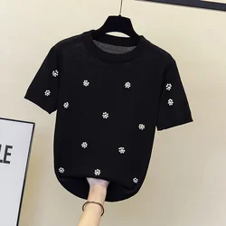 Summer New Pullover Sweater Women Loose solid color leisure lapel short sleeves Knitted Beading Sweater Female women's clothing