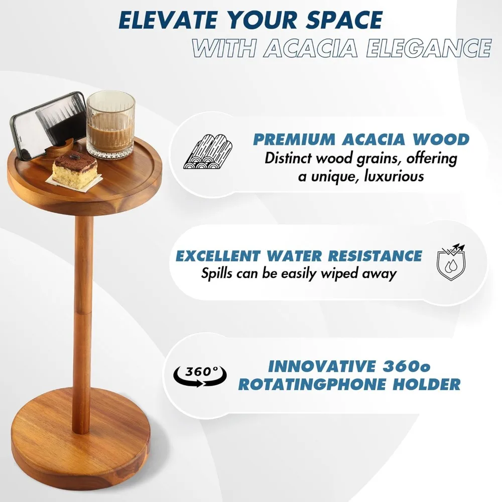 Acacia Wood Rotating Phone Holder Side Table with Weighted Base, Compact Drink Table for Small Spaces