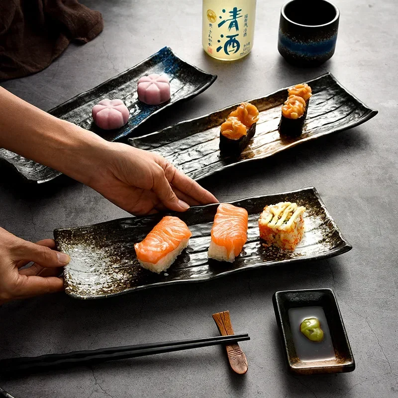 

Black Scrub Striped Barbecue Meat Sushi Ceramics Plate Kitchen Cutlery Korean Cuisine Saury Fruit Dessert Sushi Storage Plate