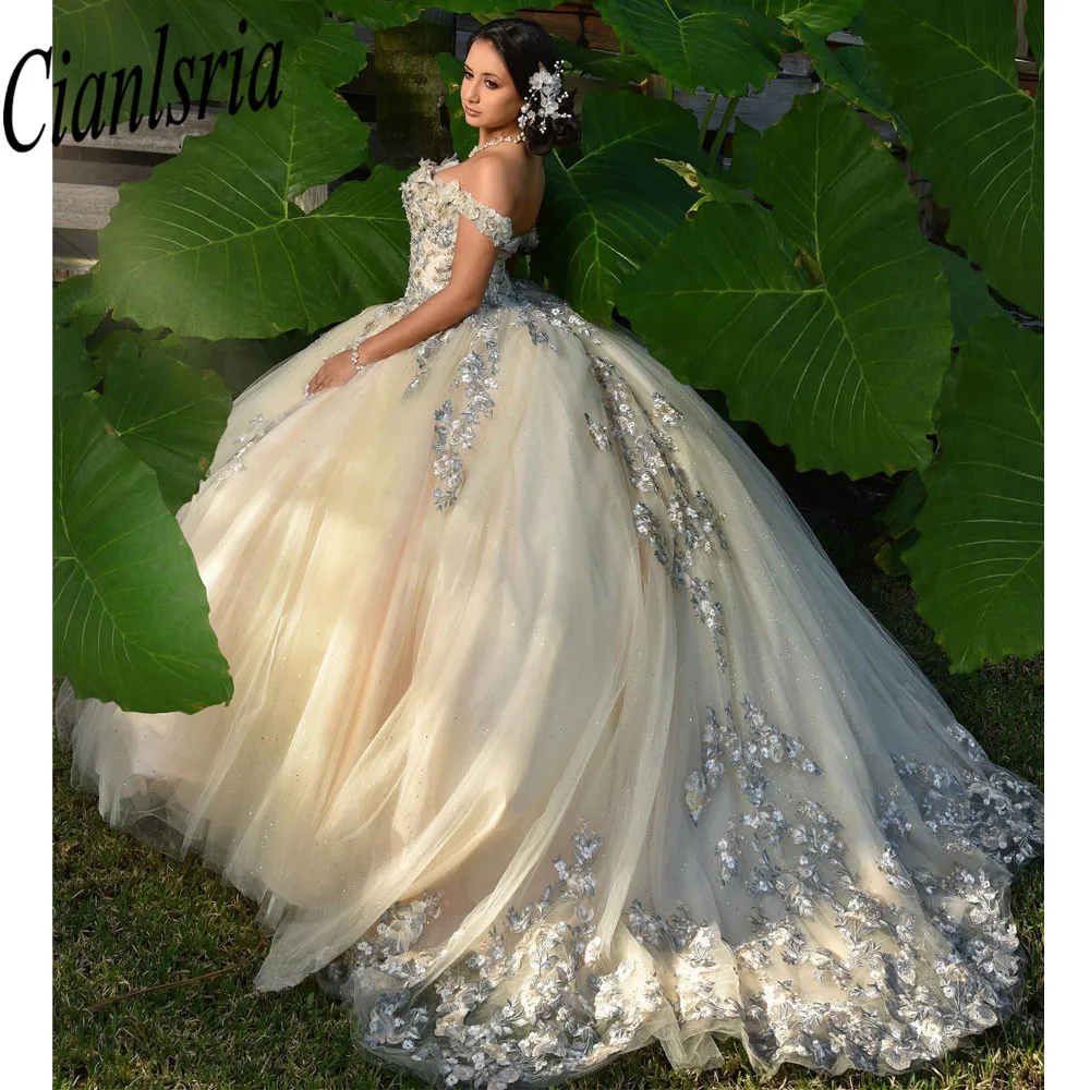 Vestido De quinceañera color champán con apliques De lentejuelas y flores, vestido De fiesta De princesa dulce De 16 Años