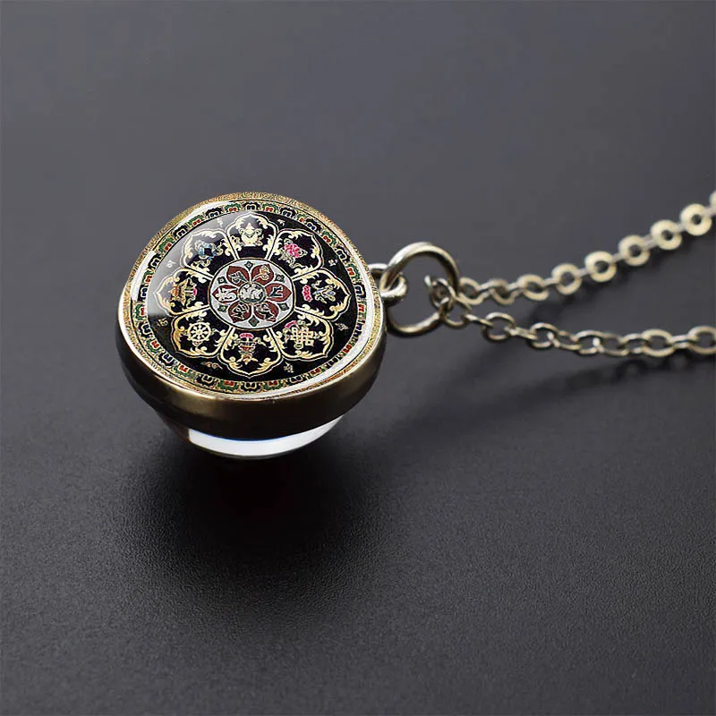 Sacred Geometry-Metatron\'s Cube Necklaces Sri Yantra Mandala Double Side Glass Ball Pendant Necklace Buddhist Yoga Jewelry Gift