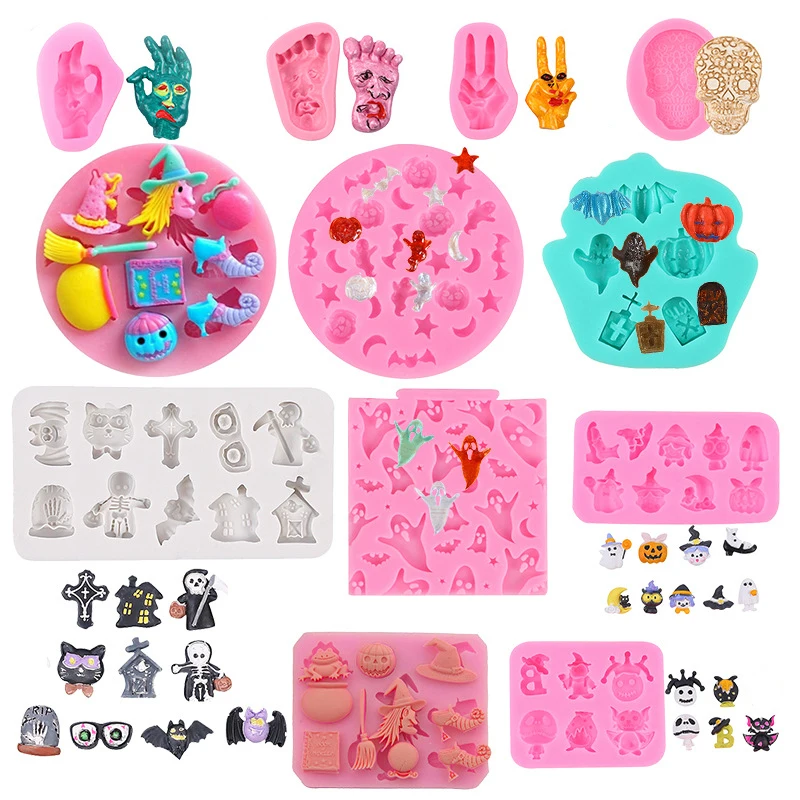 Halloween Silicone Molds Non-stick Ghost Pumpkin Bat Skull Witch Hat for DIY Fondant Pudding Cupcake Chocolate Candy Baking Mold