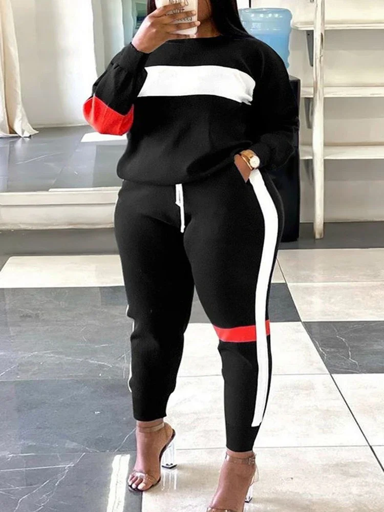 Zet Outifits 2023 Nieuwe Plus Size Geometrische Print Colorblock Sweatshirt En Gestreepte Joggingbroek Set Van Twee Fashion Casual Stukken