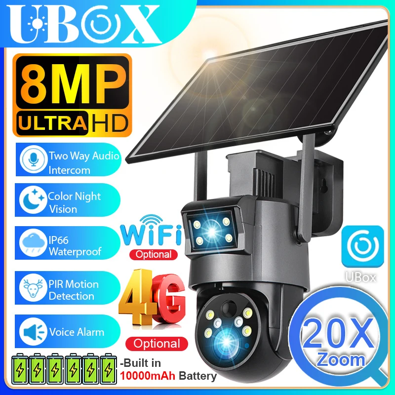 

Ubox Camera 4G/WiFi Solar Camera Outdoor 8MP 20X Solar Powered Security Camera PIR Detection Auto Tracking PTZ Surveillance Cam