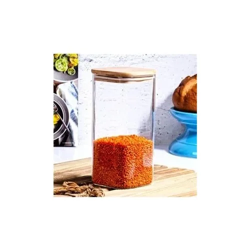 Sevil Saddler Home With Bamboo Lid Square Jar 1650 ml. Blown Glass