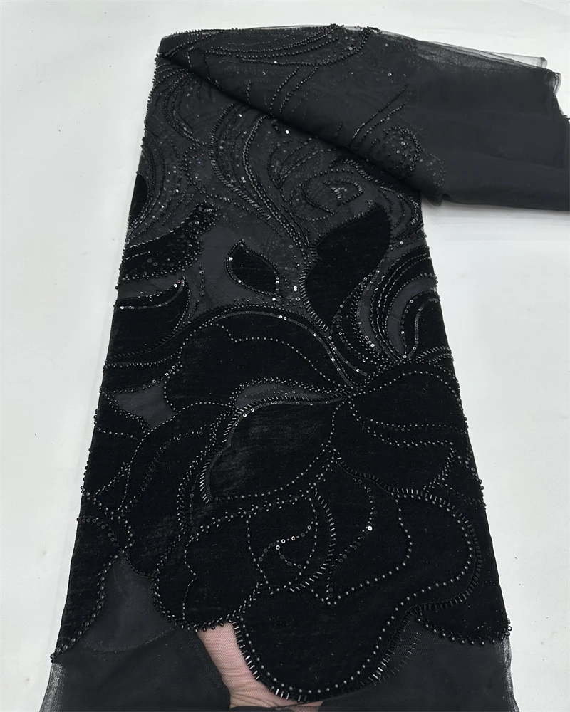 

Luxury Velvet Lace Fabric 5 Yars High Quality 2025 Black Beaded Lace Fabric Fashion Sequin African Laces Fabric For Women