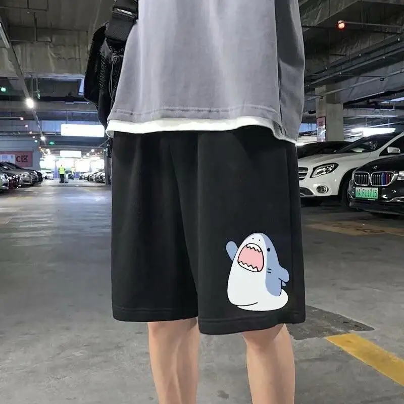 M-5XL Cartoon Shark Print Shorts For Men\'s Summer Slim Fit Loose Casual Capris Trend Straight Leg Sports Shorts