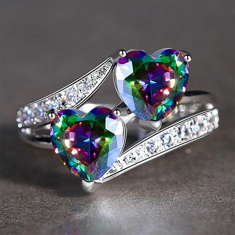 

European and American Creative Two Heart Rainbow Ring Wedding AAA Zircon Jewelry Women's Accessories Engagement Ring