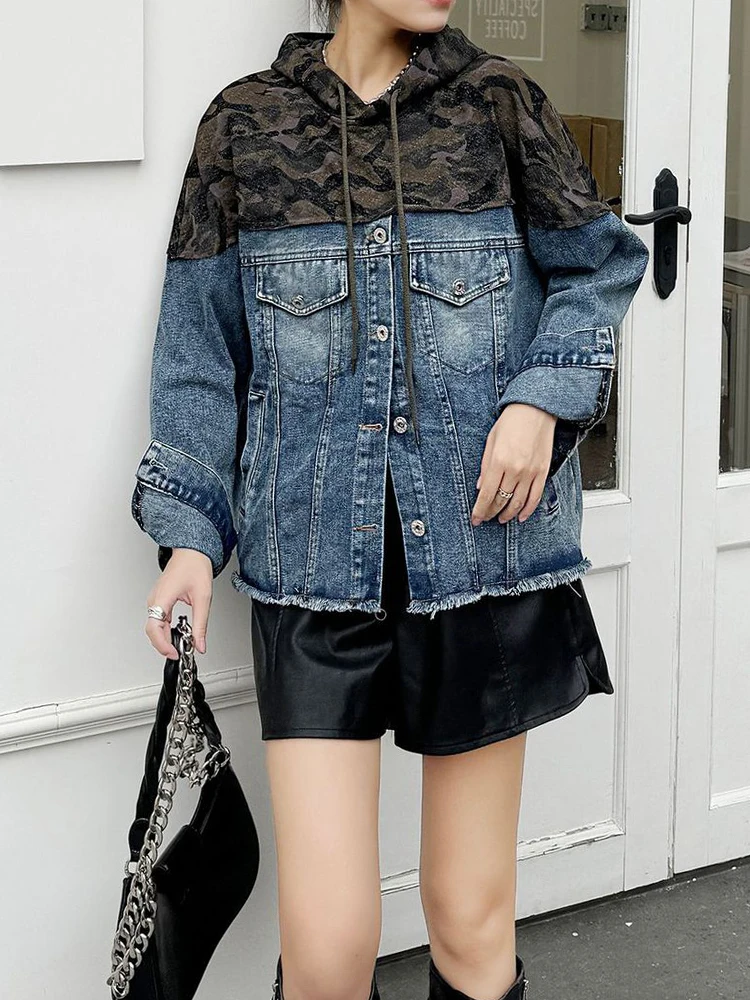 Amax lulue marca 2025 outono senhoras clássico solto impresso denim hoodies das mulheres do vintage retalhos camisolas casuais roupas punk