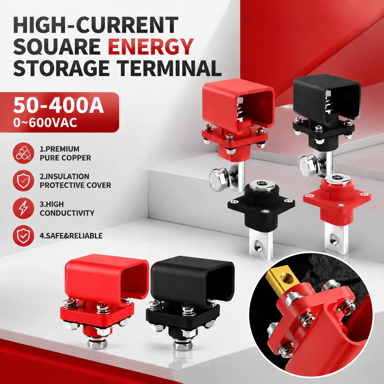 All Copper Battery Terminal Through Wall High Current Energy Storage Terminal Post Connector 50A 100A 120A 150A 200A 300A 400A