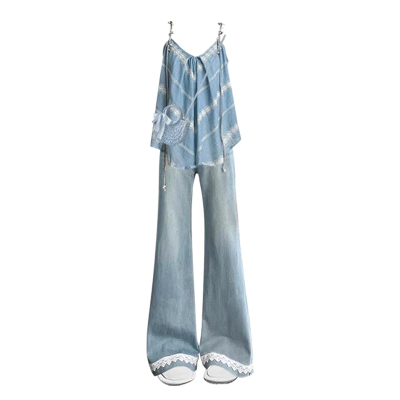 Summer Design Sexy Blue Ethnic Style Lace Trim Denim Set with Strap Vest Fashionable Three-Piece Suit Long Sleeve V-Neck Top view 5