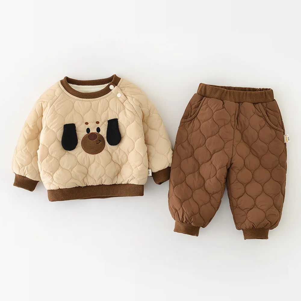 

New Winter Baby Childrens Warm Clothes Set 0-3T Cartoon Padded Toddler Boys Pullover And Pants 2PCS Fleece Lining Girls Outfit