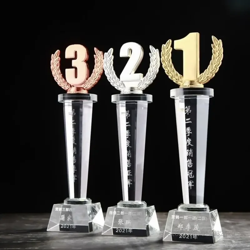 Customized Gold/Silver/Copper 123 Numbers Resin Trophy, Awards Excellent Souvenirs Home Decor Crafts Lettering Crystal Base, 1Pc