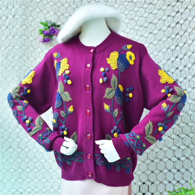 

Women Purple 3D Hand Embroidery Floral Berry Wool Cardigan Vintage Round Neck Button Up Oversized Long Sleeve Warm Autumn Winter