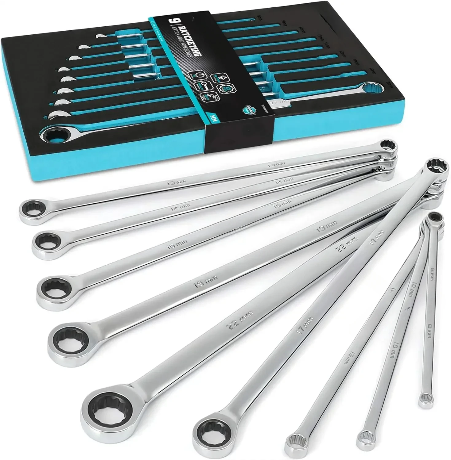 Extra Long Ratcheting Wrench Set, Combination Wrench Set, Metric, 9-Piece, 8,10,12,13,14,16,17,19,22mm,