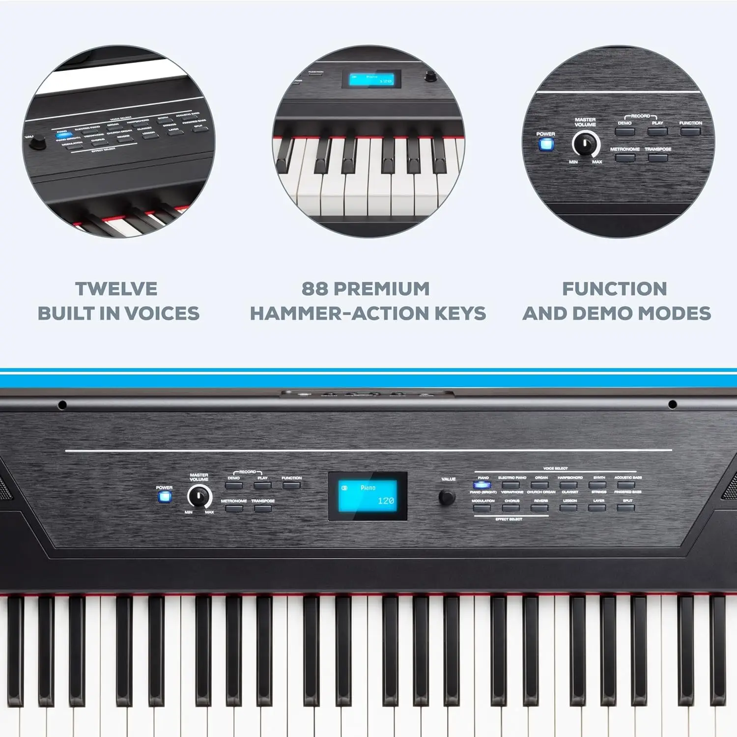 88 Key Digital Piano Keyboard with Hammer Action Weighted Keys, 2x20W Speakers, 12 Voices, Record and Lesso