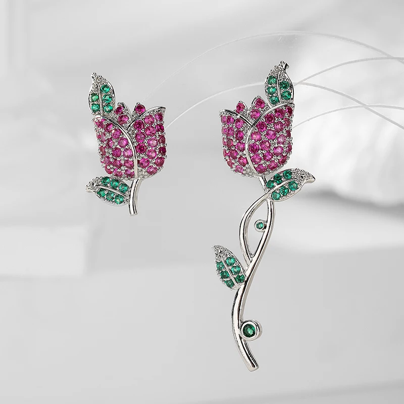 

SENYU Trendy Red Corundum Stone Rose Flower Design Stud Earrings Luxury Women Party High Quality Jewelry for Wedding Brides