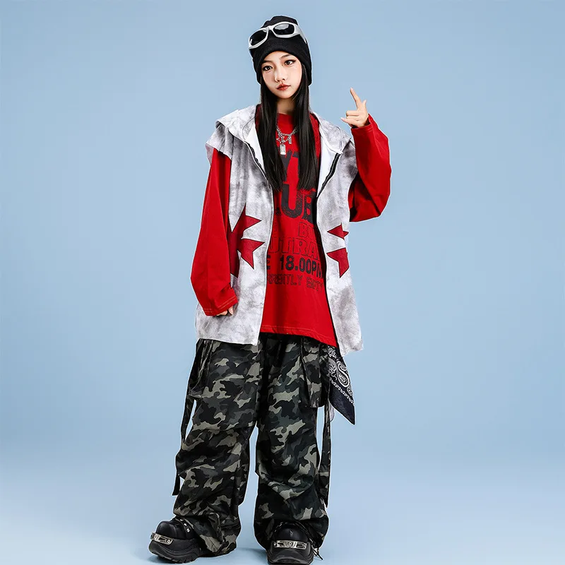 Abbigliamento Hip Hop Kpop per bambini Gilet con cappuccio bianco grigio Top Camo Street Stap Pantaloni cargo per paracadute per ragazza Ragazzo Costumi di danza Vestiti