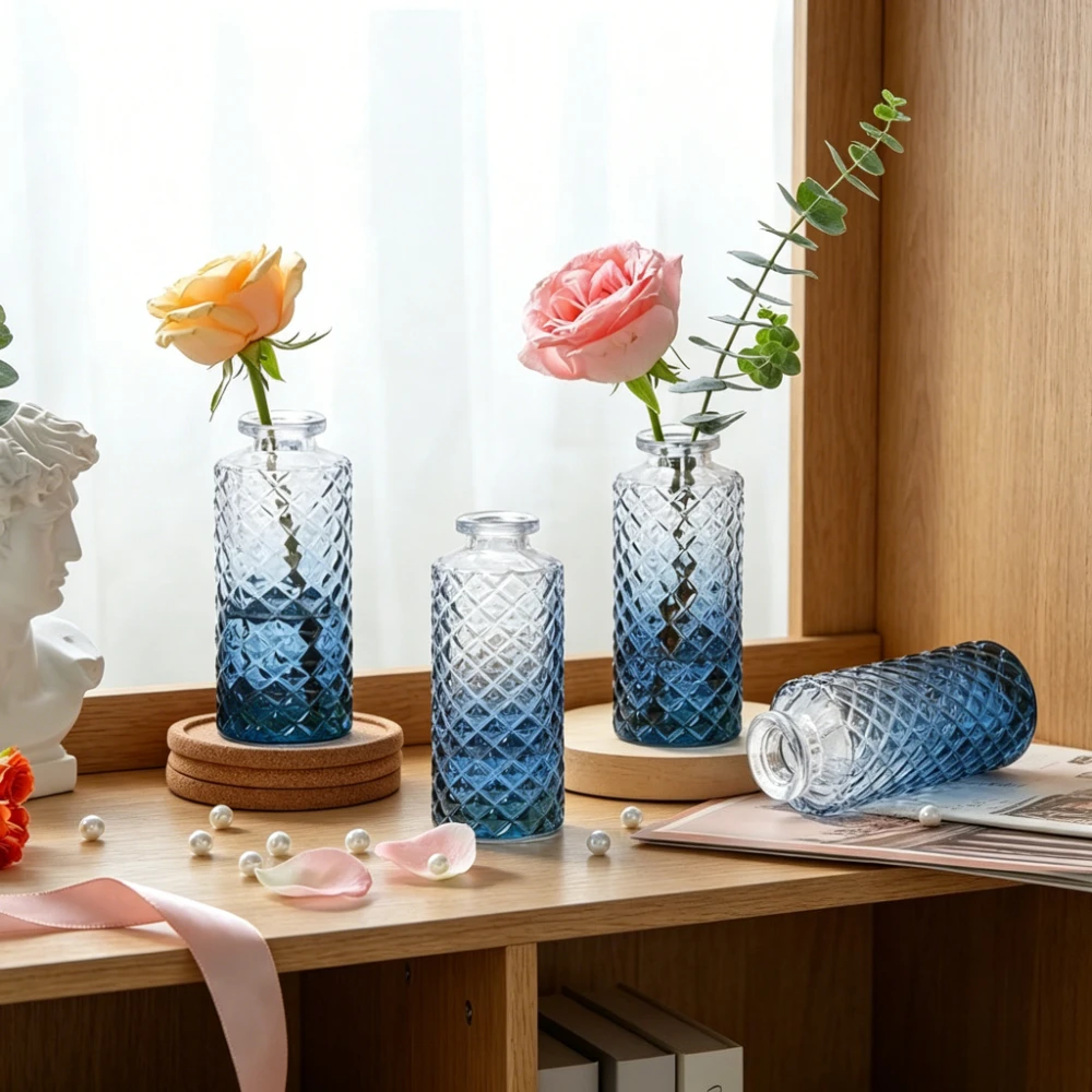 Modern Gradient Blue Diamond Embossed Glass Bud Vases Hydroponic Plant Containers for Wedding Table Centerpieces Home Decor