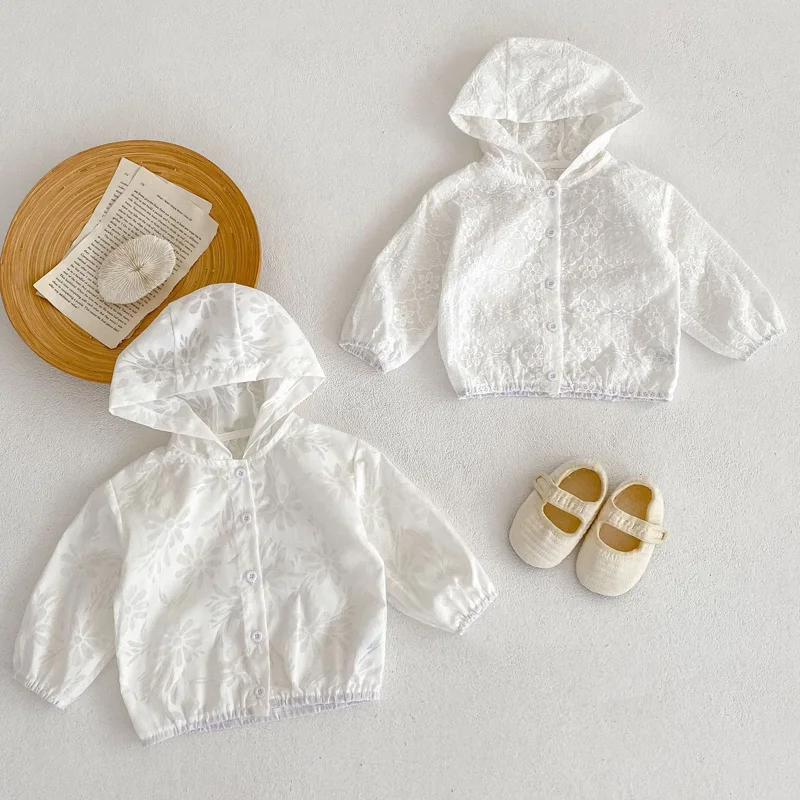 여아용 자외선 차단 레이스 재킷, 후드 자카드, 야외 유아 카디건, 겉옷 2023, 여름 코트