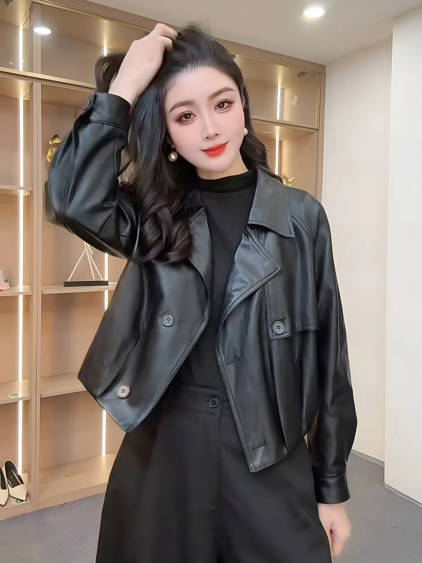 

Fashionable Versatile Short Loose PU Leather Jacket Women's Spring Autumn New Style Motorcycle Casual Suit Collar Coat