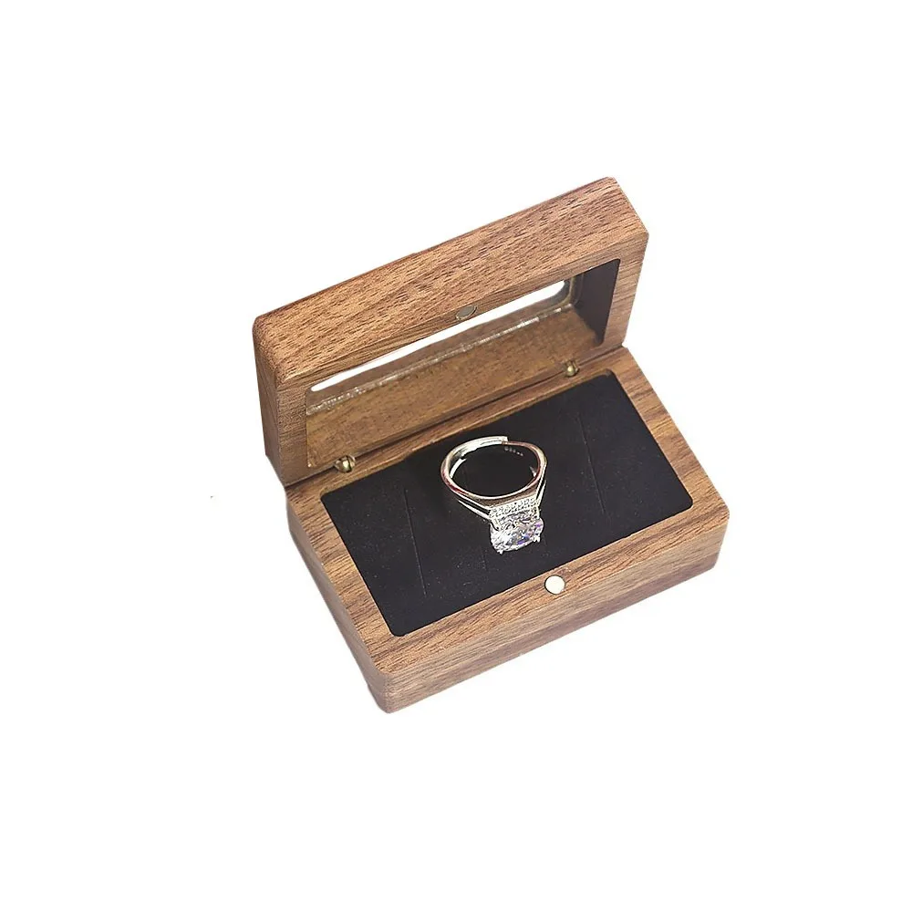 

4 Slots Square Rings Holder Opening Window Magnetic Cover Black Walnut Cufflinks Box Wooden Ring Box Rectangular