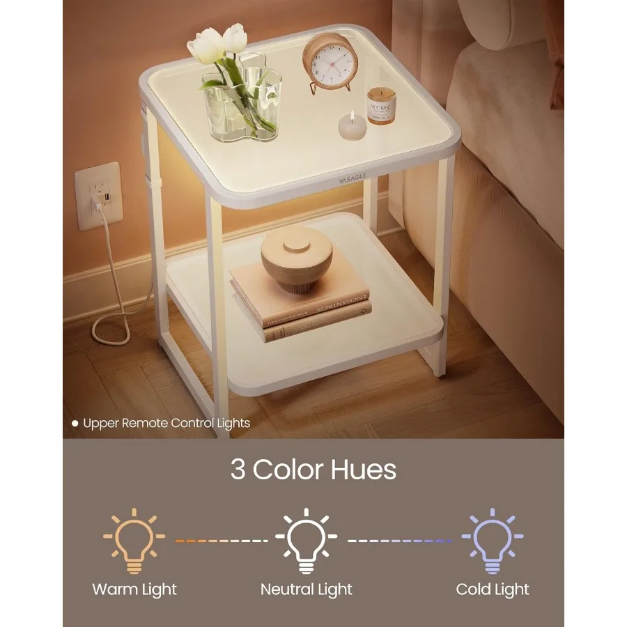 طاولة جانبية من طبقتين مع أضواء LED مدمجة، منضدة مربعة حديثة تتميز بسطح زجاجي بلوري ومعرف سفلي قابل للتعديل